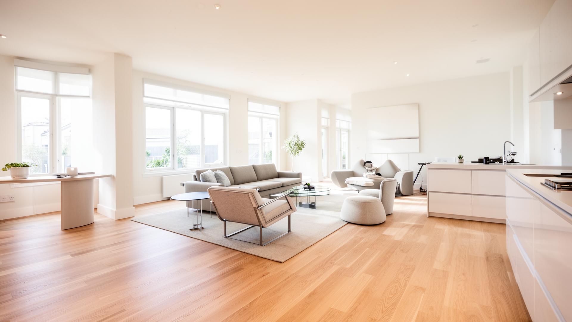Bright modern living room with new light hardwood flooring